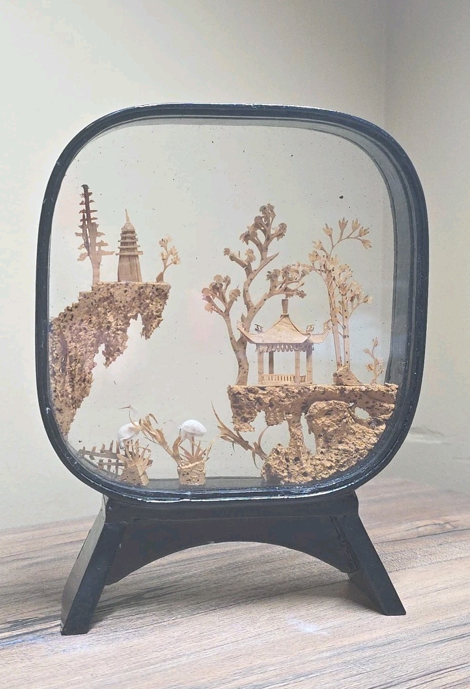 Vintage Chinese Cork Hand Carved Diorama In Glass & Black Laquered Wood Case
