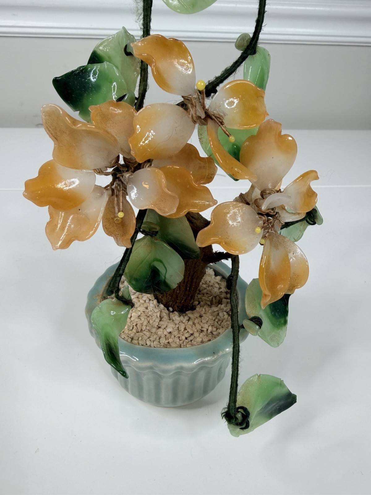 Vintage Asian Jade Glass peach green Cherry Blossom Bonsai Tree 9” Inch
