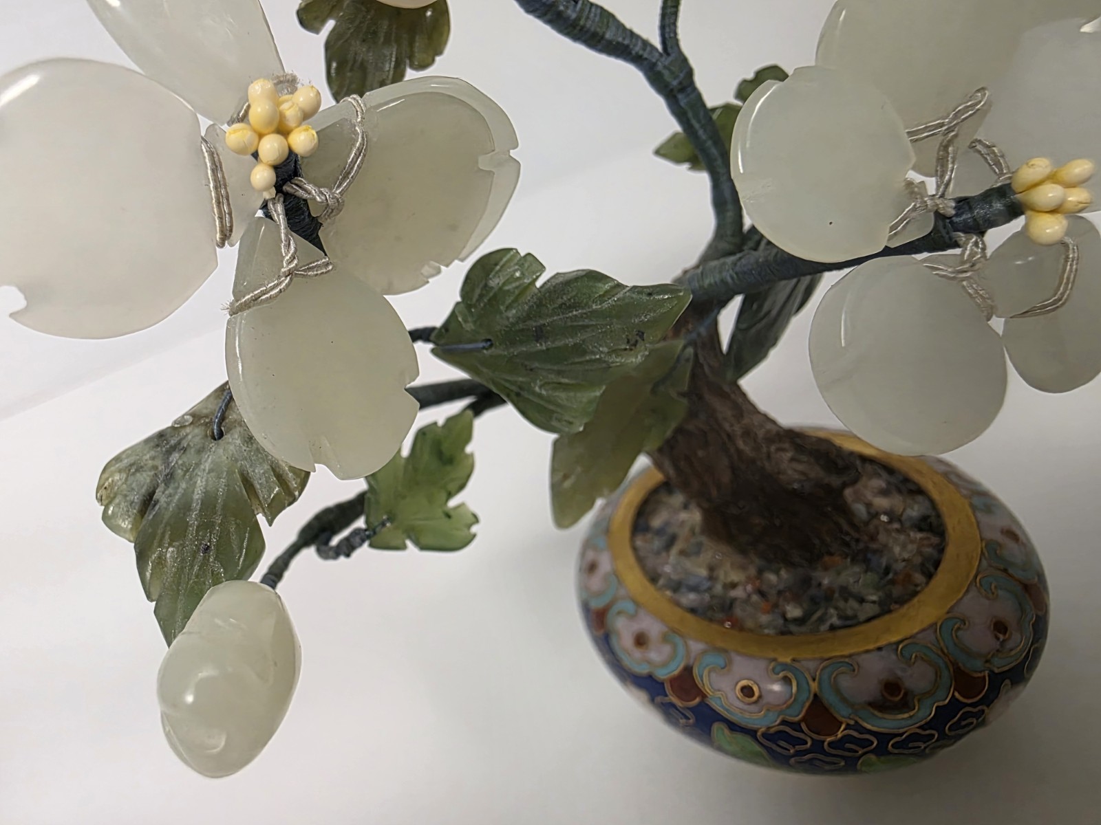 Asian Bonsai Tree Blossom Cloisonne Floral Pot White And Green Stone Jade?