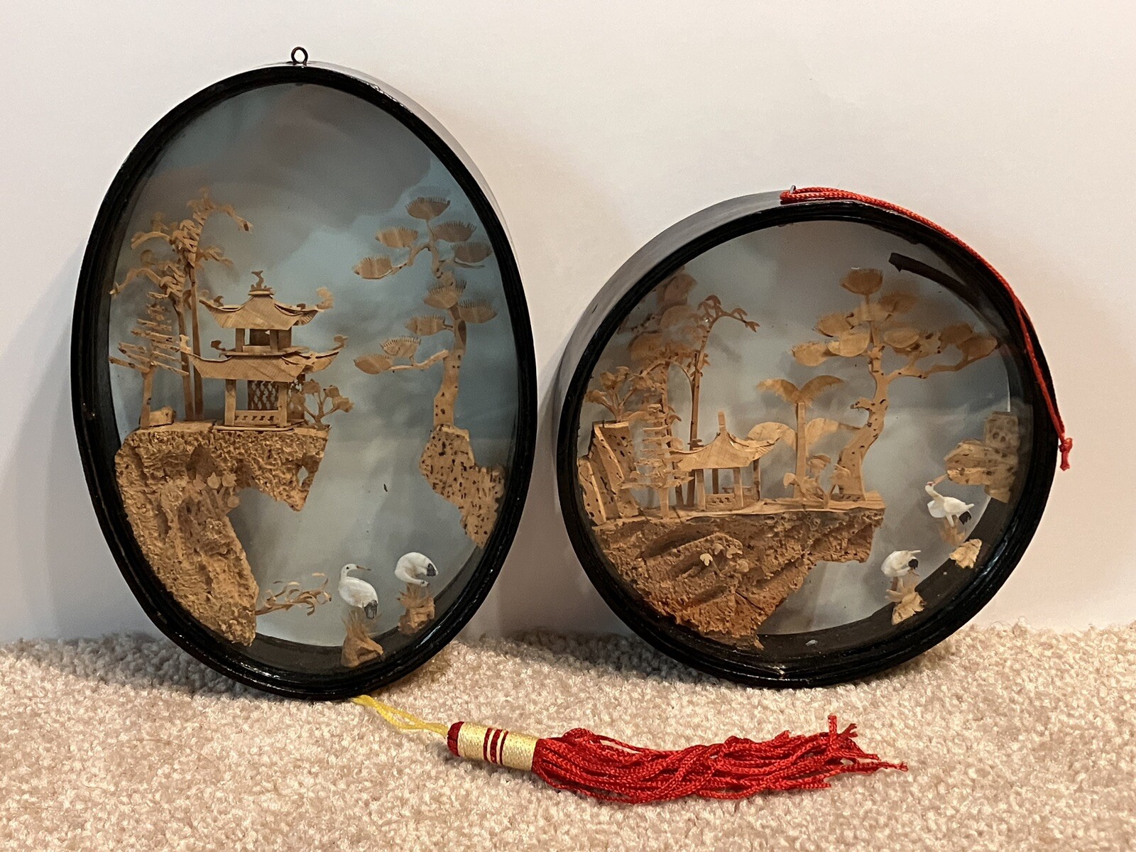 Vintage Chinese Cork Carving Diorama Set Of 2 Lot Cranes Pagoda Lacquered Wood