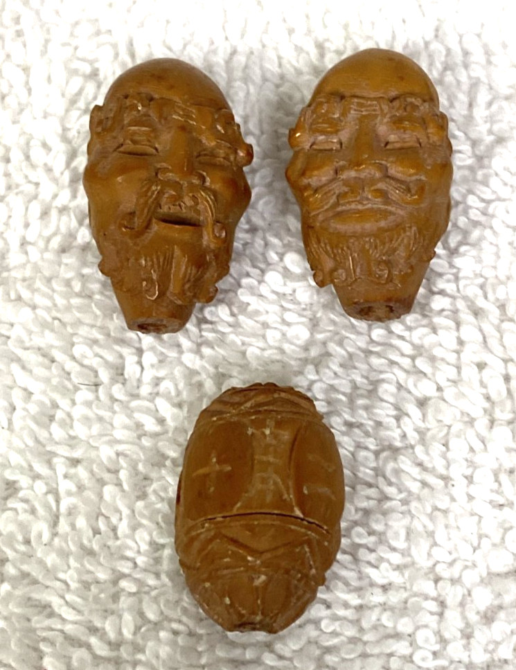 3 Chinese Hediao Deity Faces Symbols Hand Carved Nut Wood Beads 15/16″ – 1 1/8″