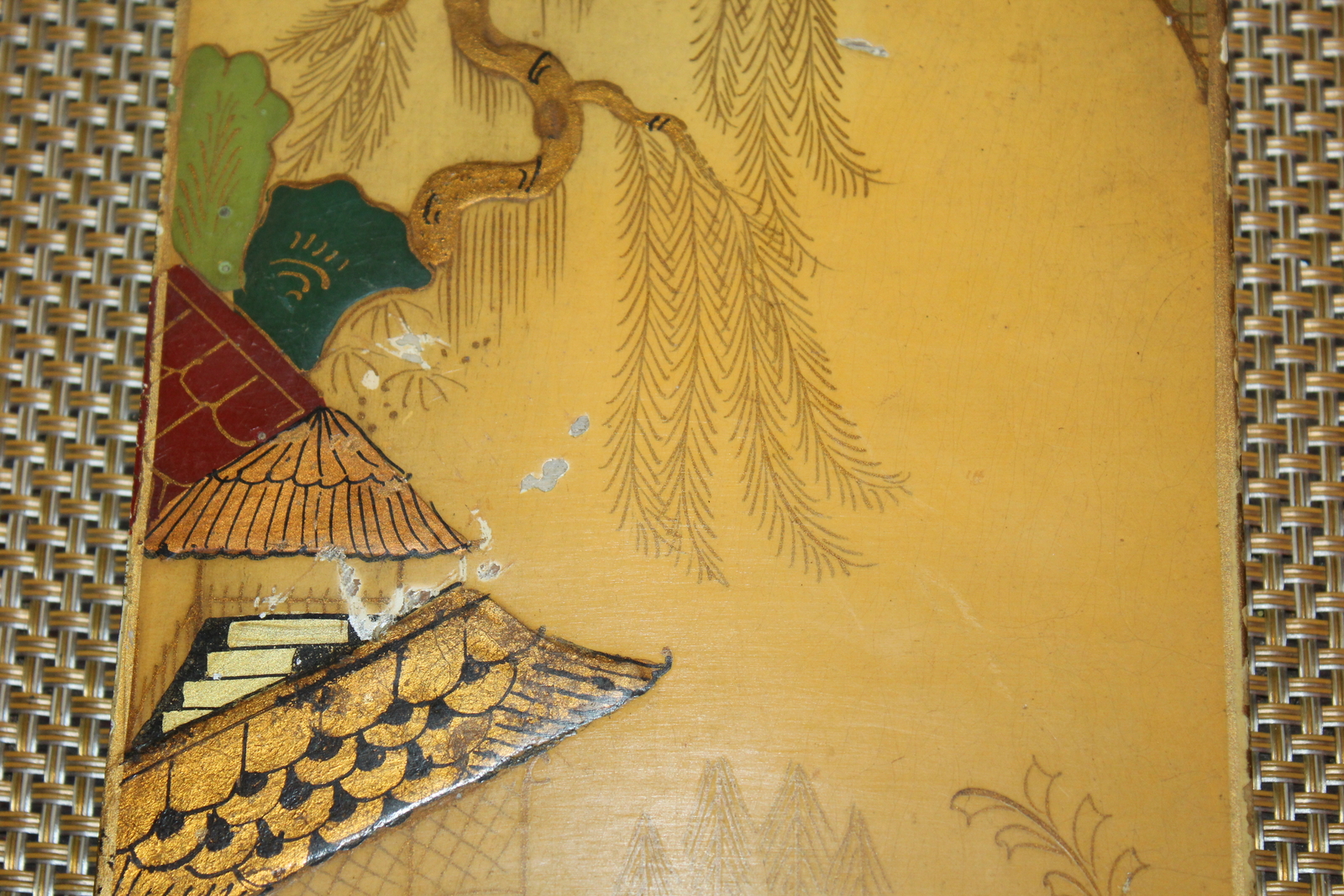 Pair Chinese Wood Painted Furniture Panels Village Trees