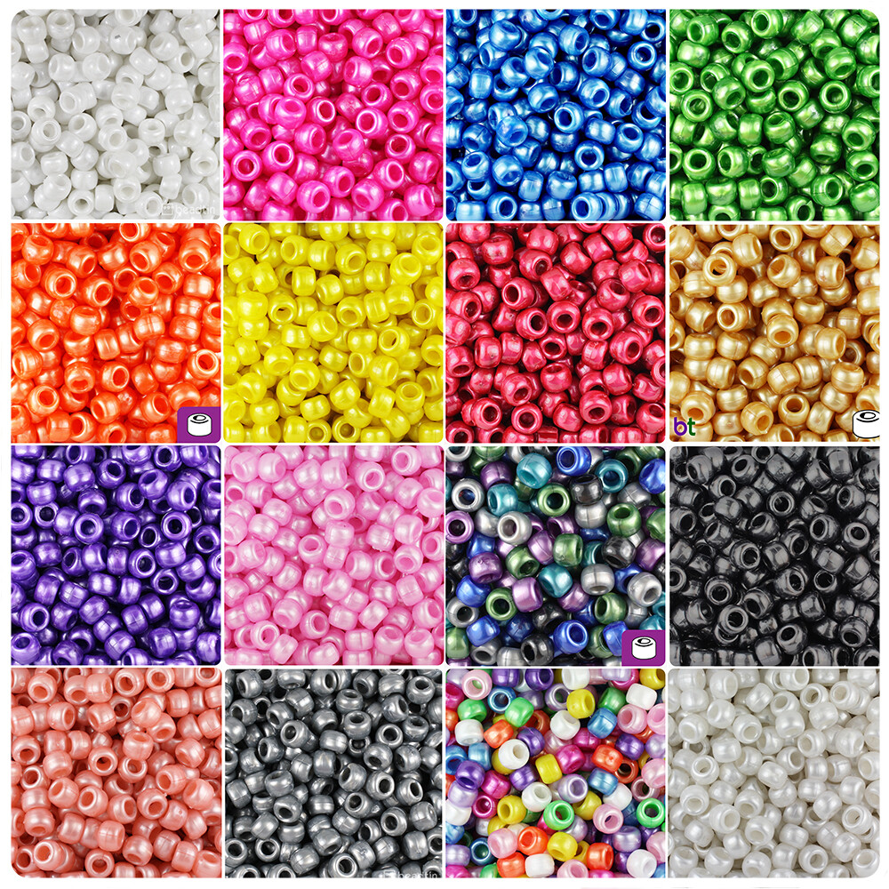 100x Pearl 9x6mm Barrel Plastic Pony Beads – Made in the USA – 25 Color choices