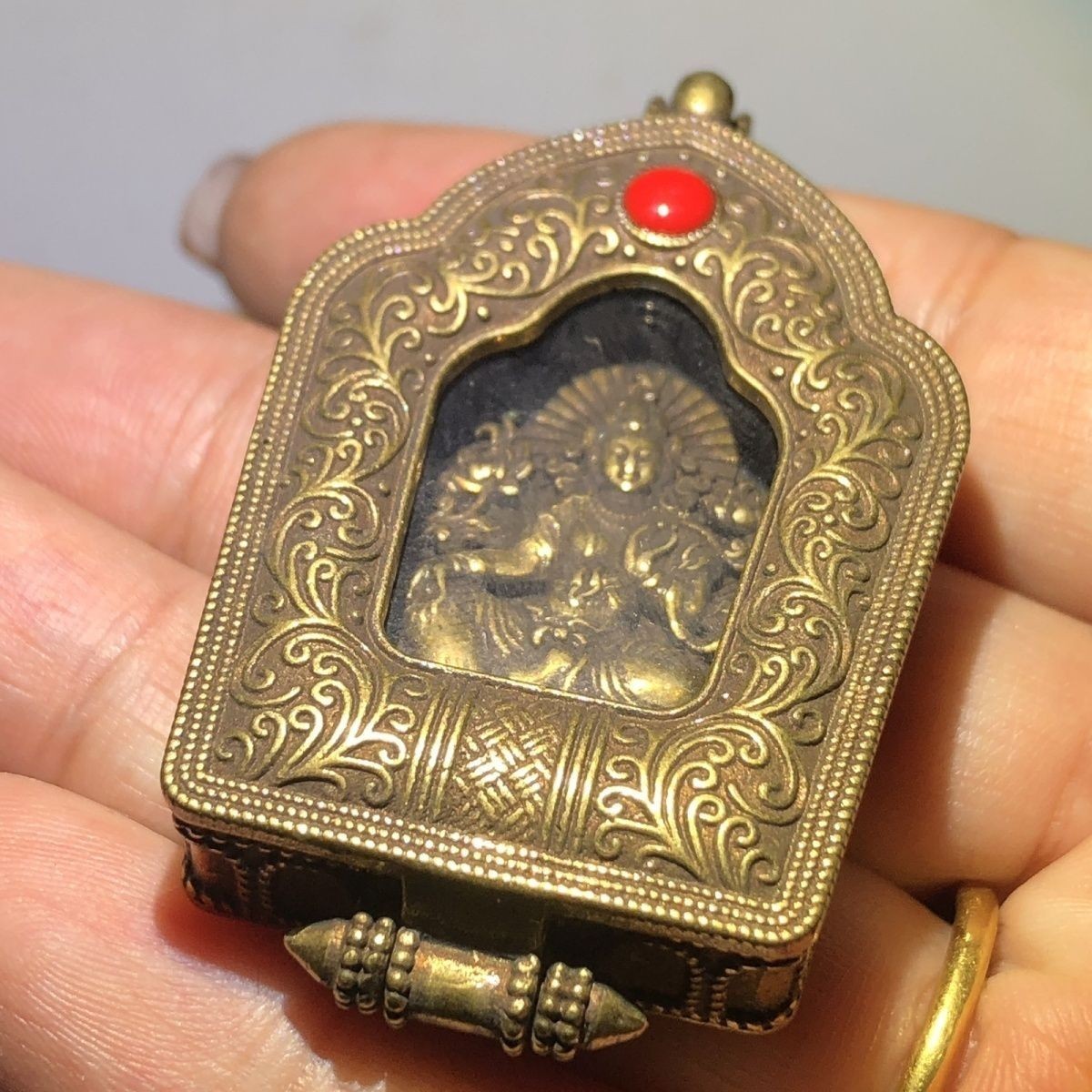 Vintage Tibetan Brass Gau Box Pendant Green Tara Amulet Random Design