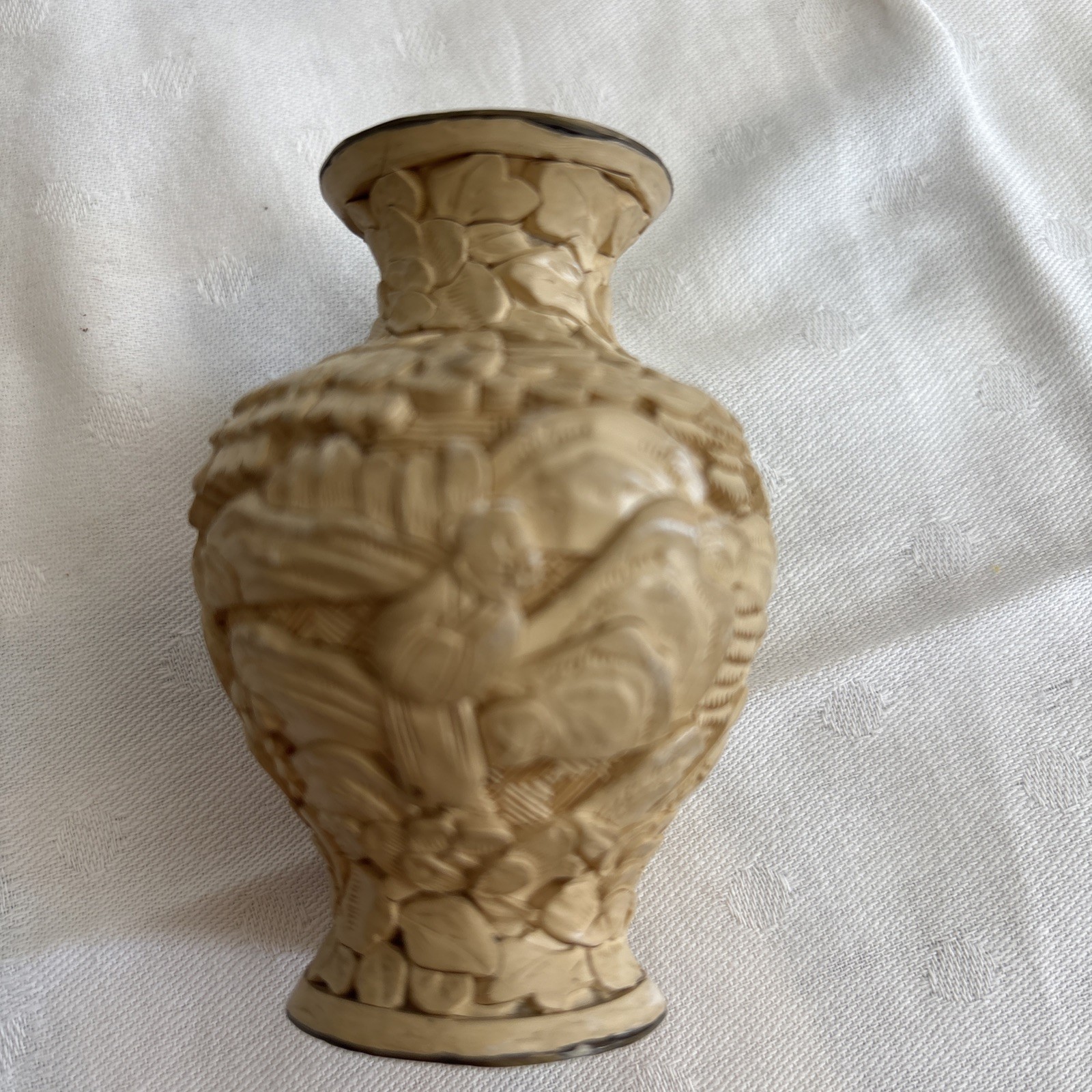 Vintage White Chinese Cinnabar Vase Small 3” Pre-1980 Original Carvings