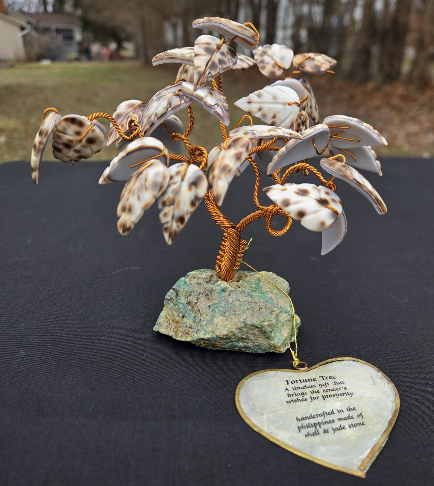 Vintage 5.5 In Fortune Copper & Carved Sea Shell Tree On Jade Stone Original Tag