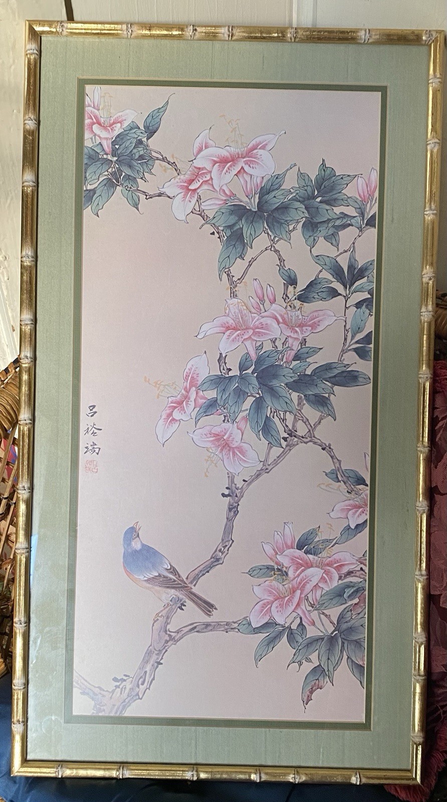Vintage Oriental Asian Picture Of Bird And Flowers