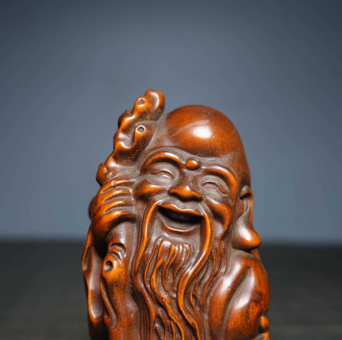 3.1″ Collect China Box-wood Carving Buddhism Longevity God Statue
