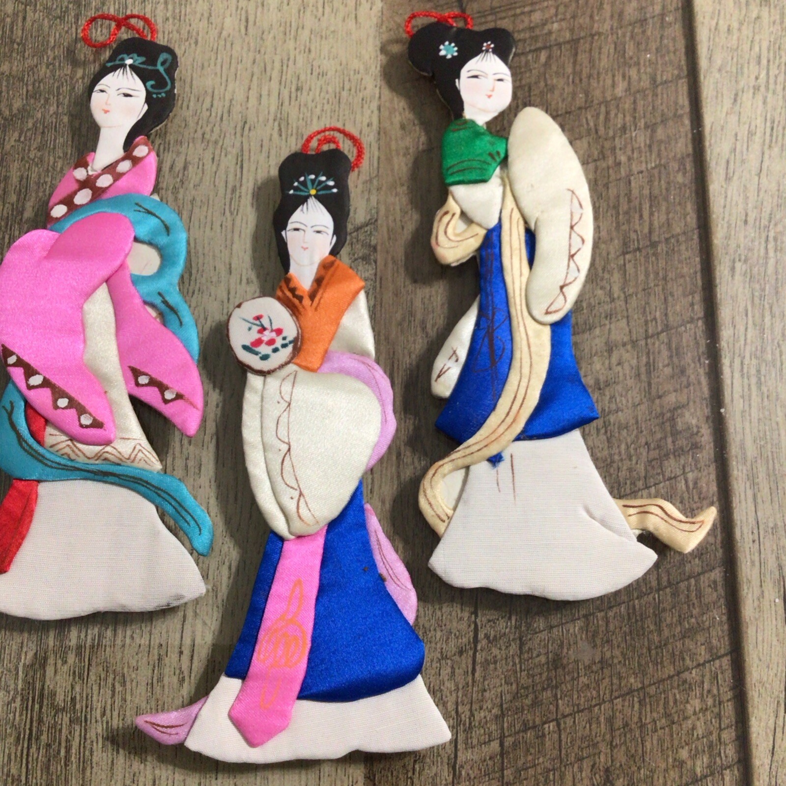 Lillian Vernon Silk Chinese Ladies Ornaments Asian Oriental Set of 4 Vintage