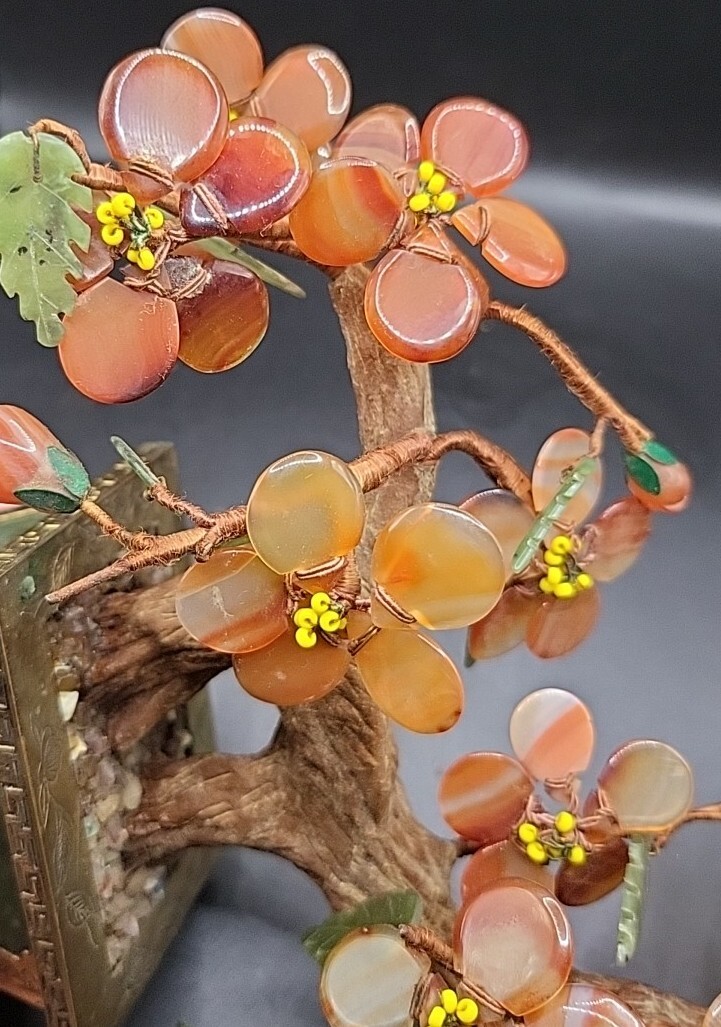 Chinese Carnelian & Green Nephrite Jade Bonsai Tree Brass Etched Base Hong Kong