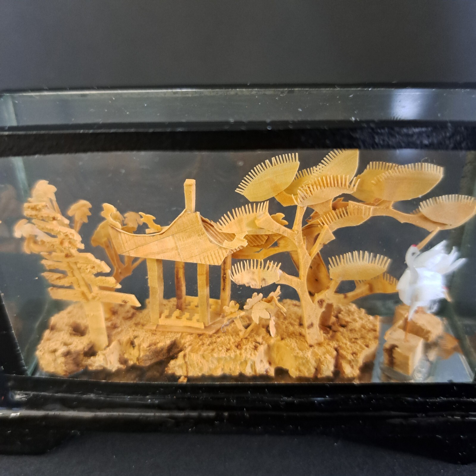 Carved Chinese Cork Diorama Shadow Box Sculpture In Glass Cranes Trees Pagoda