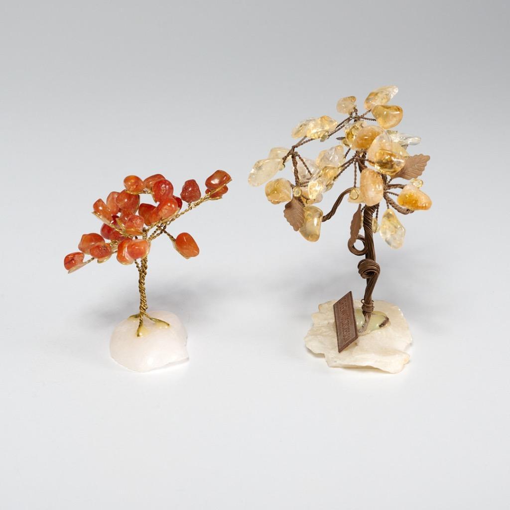 Pair of Vintage Citrine Carnelian Stone Chakras Mini Bonsai Desk Gemstone Trees