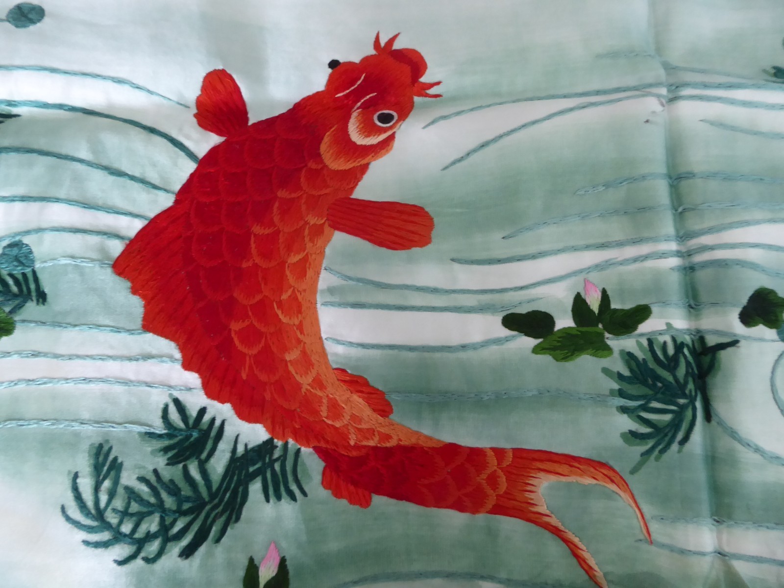 Vintage Chinese Embroidered Silk 3 Carps Panel Cover 14.5″x23″