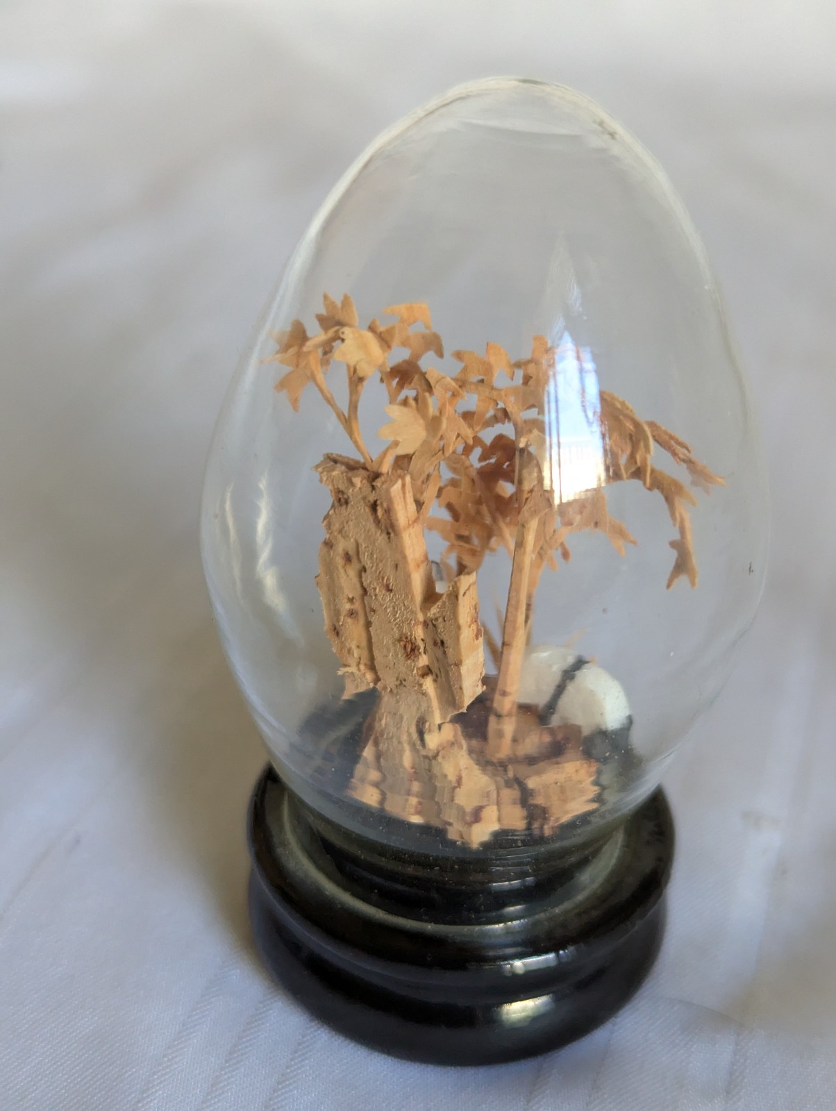 San You carved cork miniature display tree pandas glass 3.25″ tall