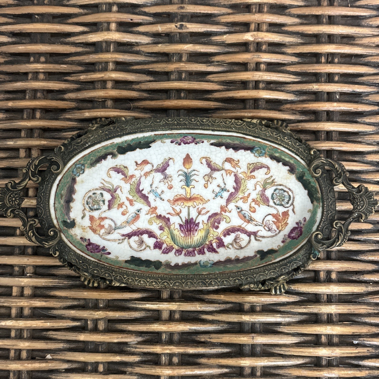Vintage Hua Ping / Rong Tang Zhi Porcelain Brass Footed Soap or Trinket Dish
