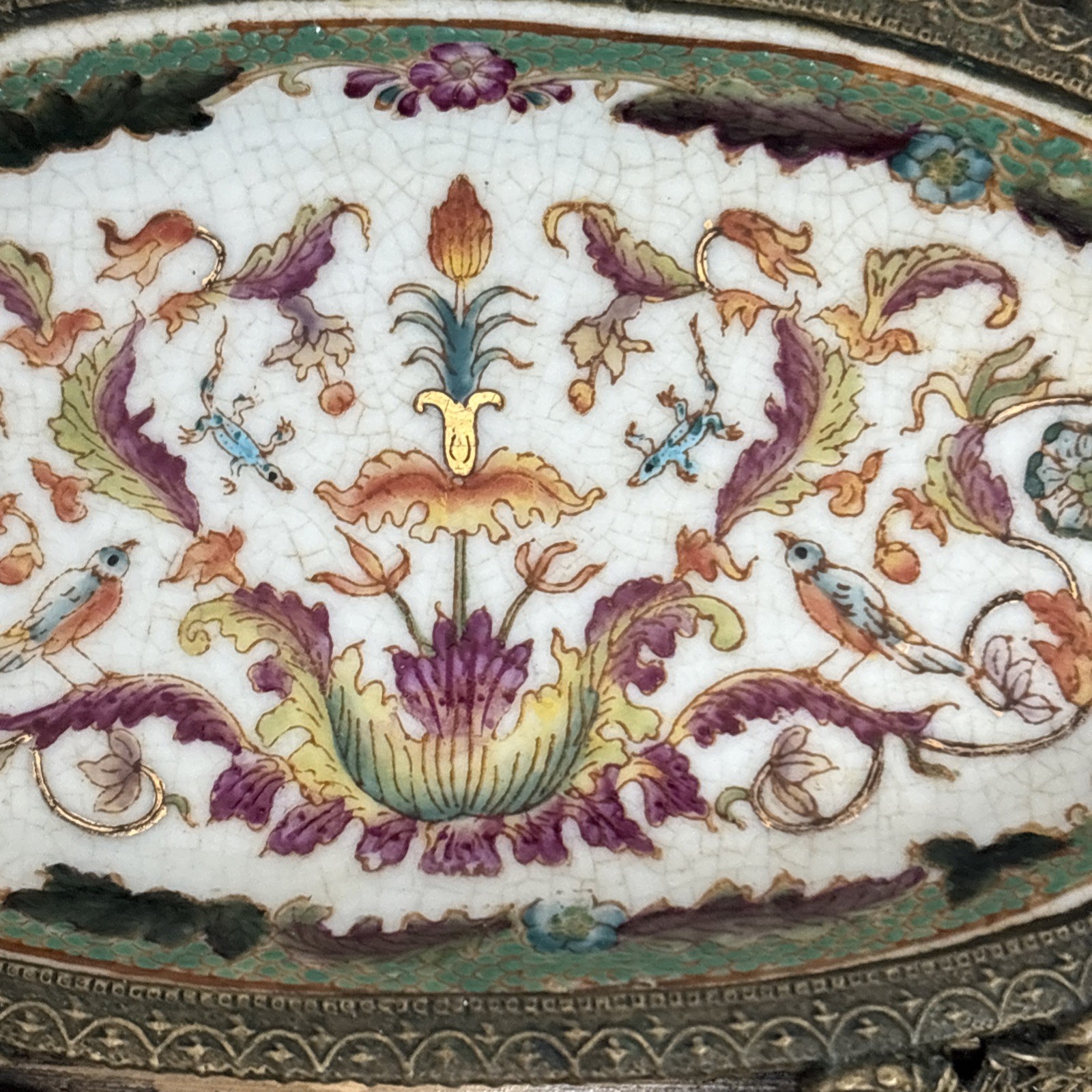 Vintage Hua Ping / Rong Tang Zhi Porcelain Brass Footed Soap or Trinket Dish