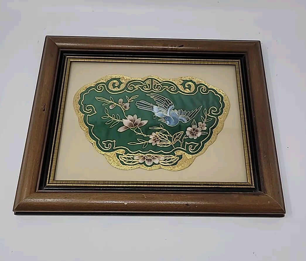 Two Framed Vintage Golden Cloud Green Chinese Hand Embroidered Panel