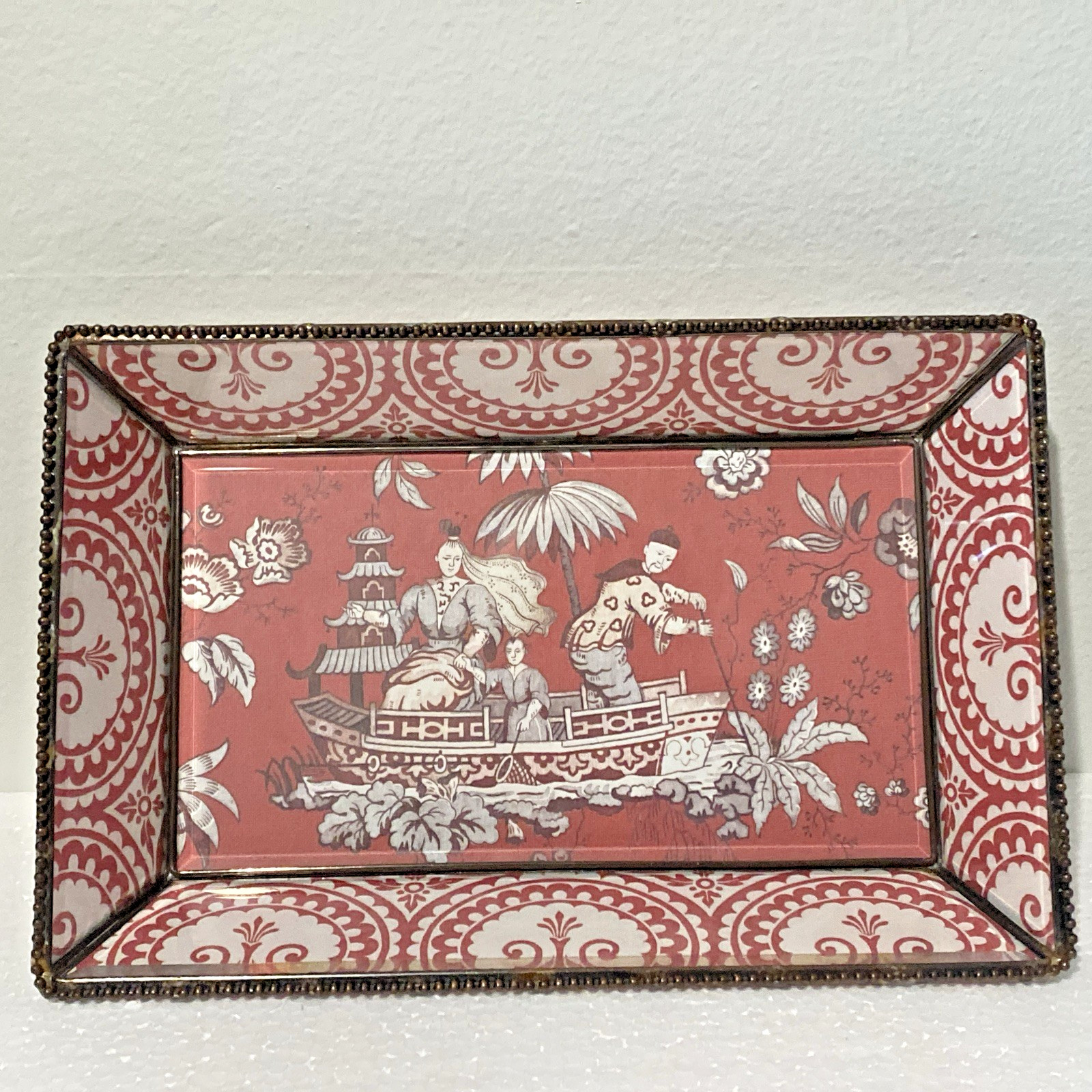 Vintage Chinoiserie Leaded glass Tray Chinese Culture Designs Reddish Pink