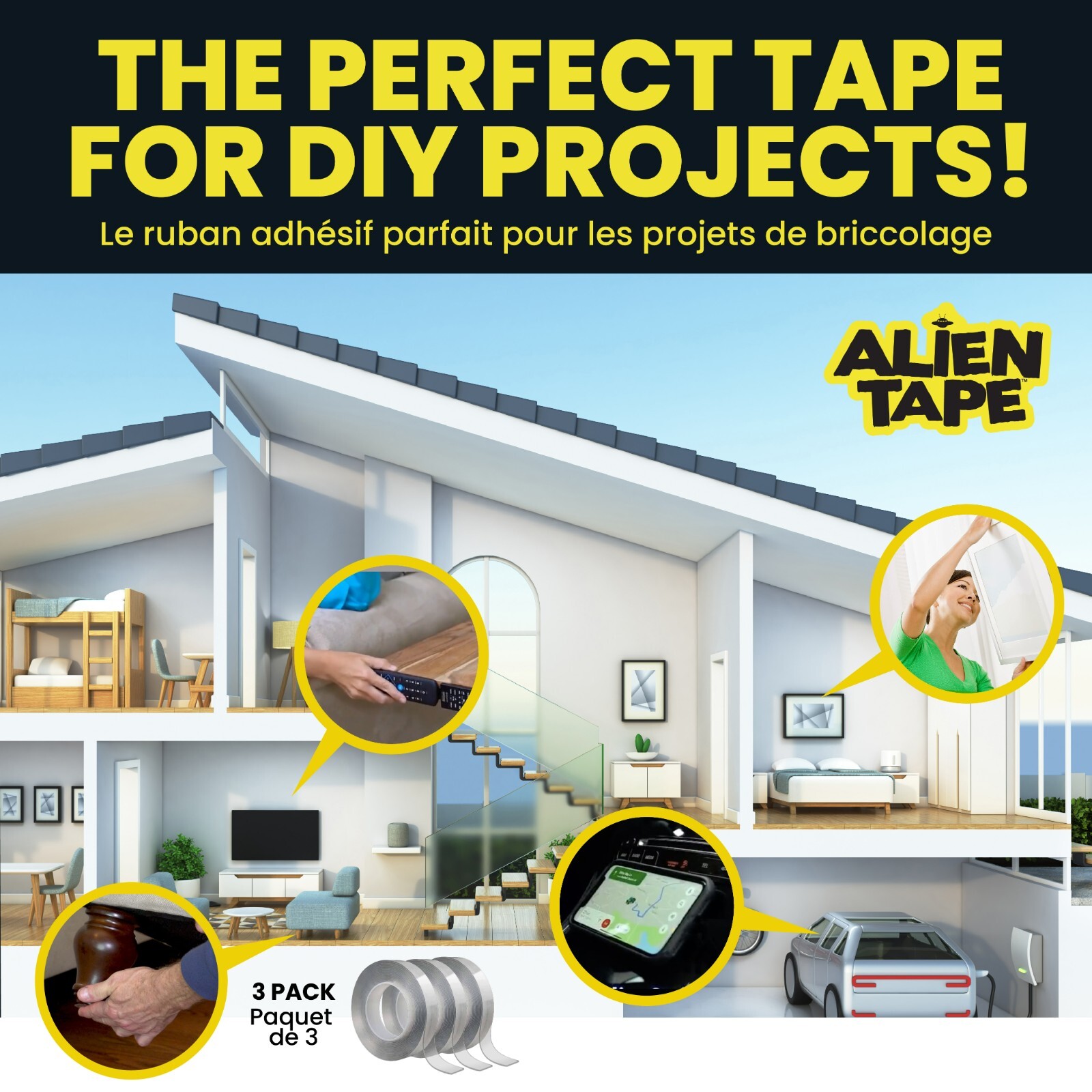 Alien Tape Double Sided Multipurpose Adhesive Grip Mounting Tape – 3 Pack