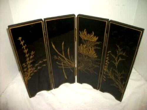 Vintage Black Lacquer Chinese Table Screen Chinoiserie Floral Grasses HP 4 Panel
