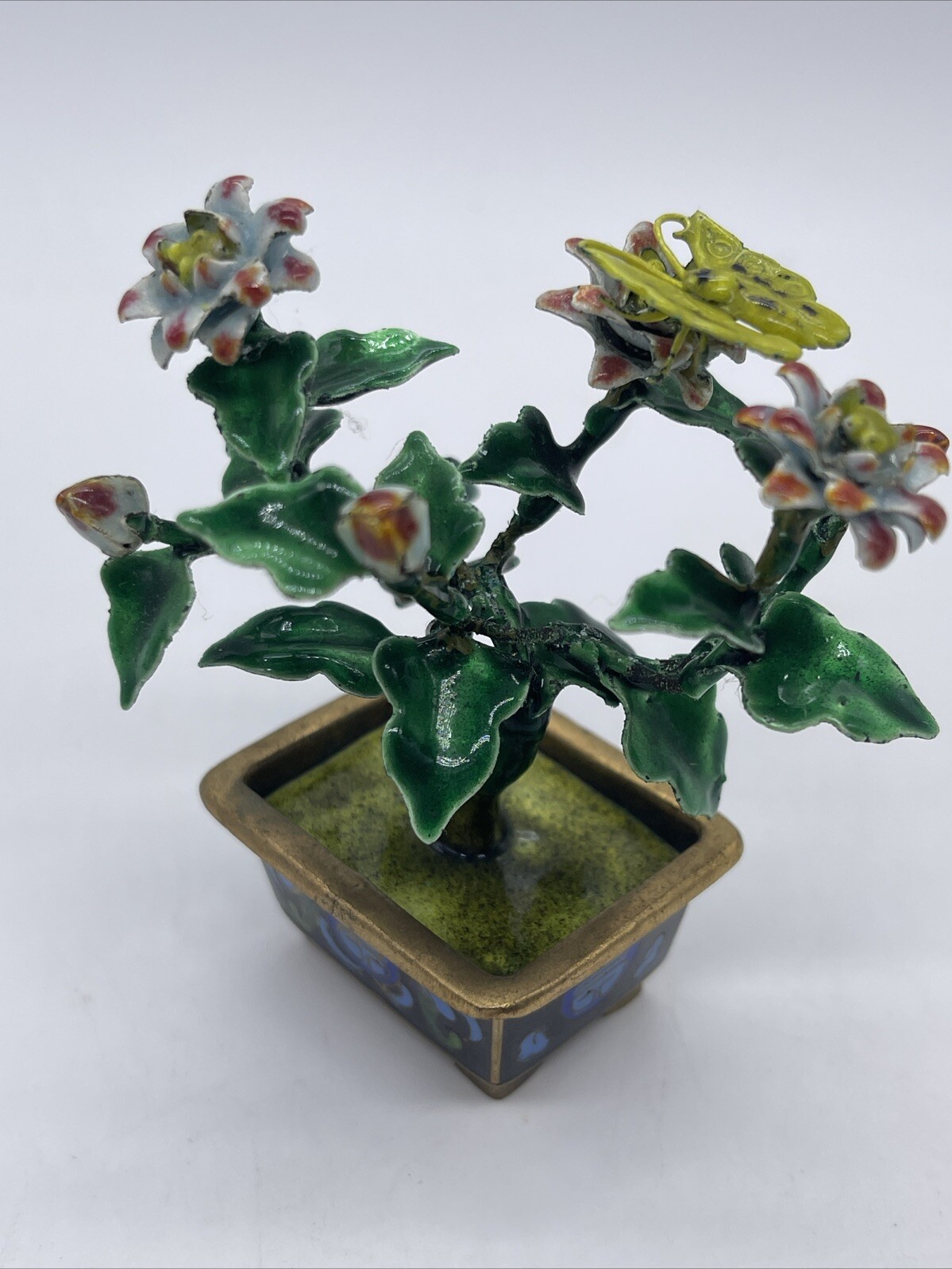 VINTAGE CHINESE METAL GUILLOCHE ENAMEL BONSAI TREE & FLOWERS with CLOISONNE POT