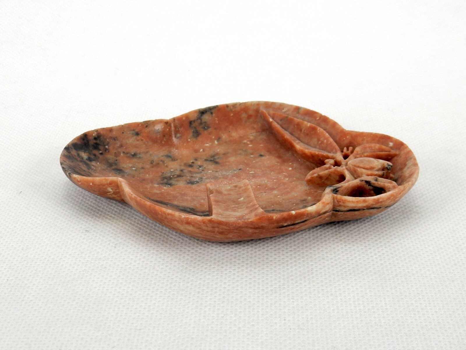 Vintage Carved Soap Stone Ashtray, Brown w/Black Highlights, Floral Design
