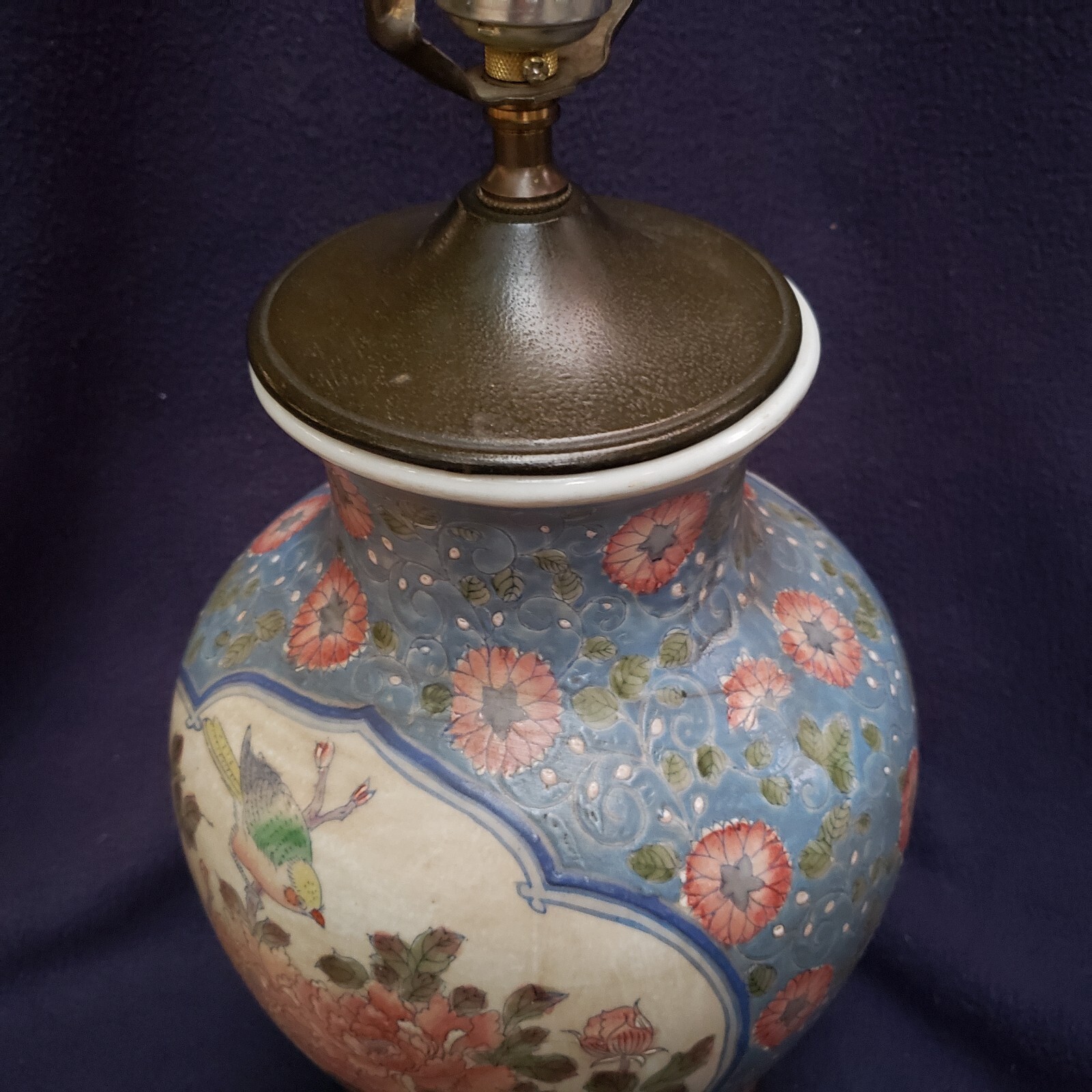 Vintage Chinese Porcelain Vase Table Lamp, Blue Floral & Bird Design 18.5″