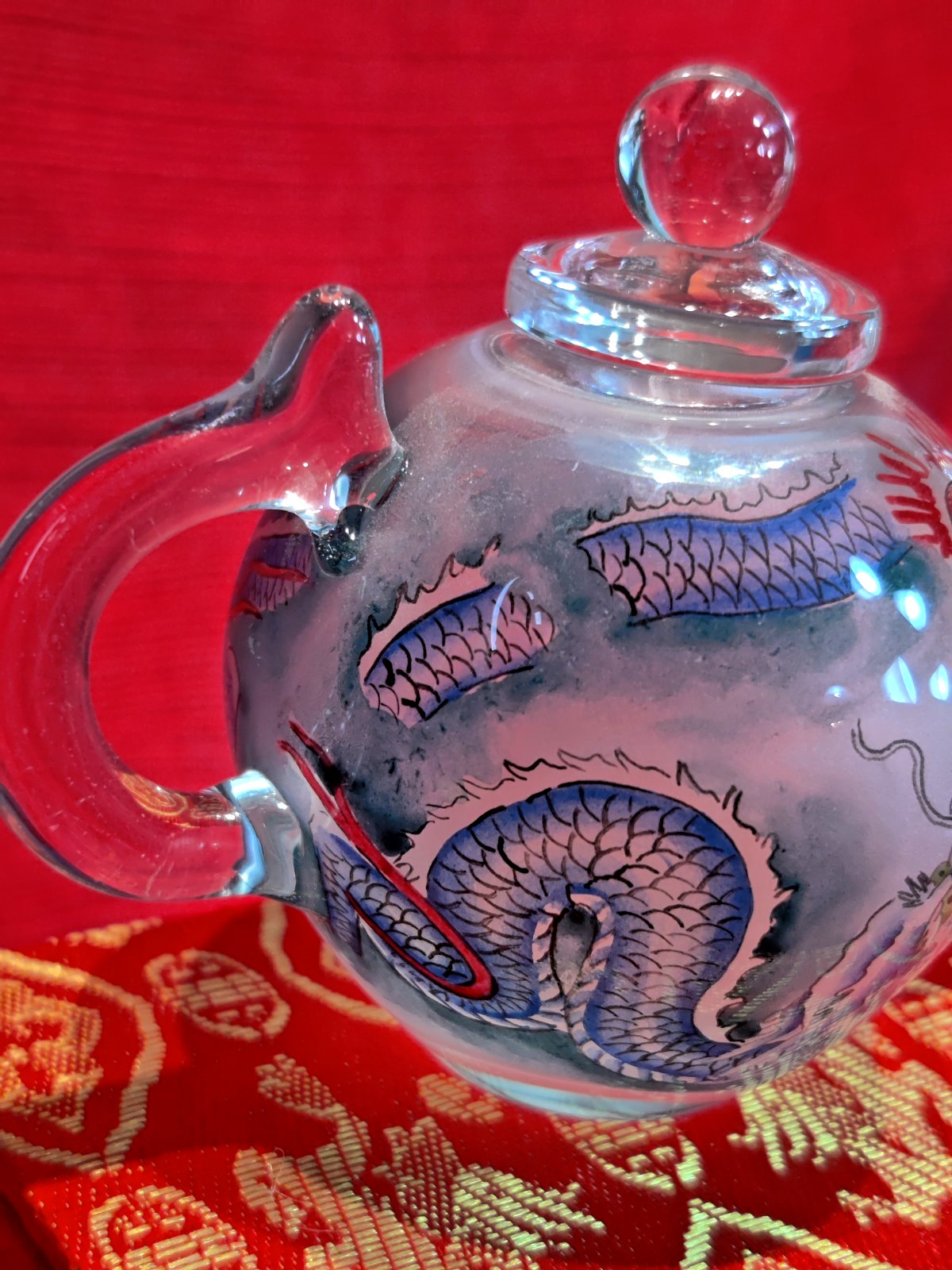VTG Asian Glass Teapot Mini Reverse Painted Dragons Tea Pot Gift Box Small