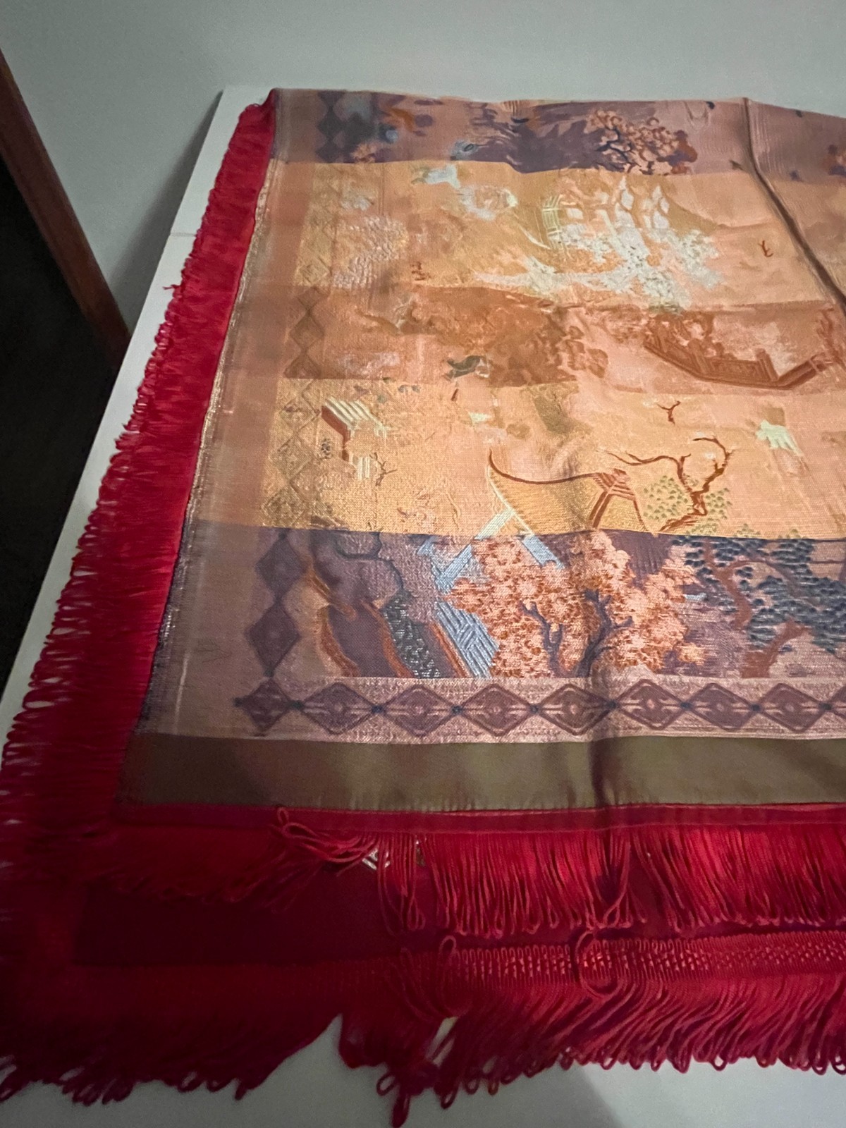 Vintage Chinese “Brocaded Flowers” Silk Blend Tapestry Tablecloth Piano Shawl