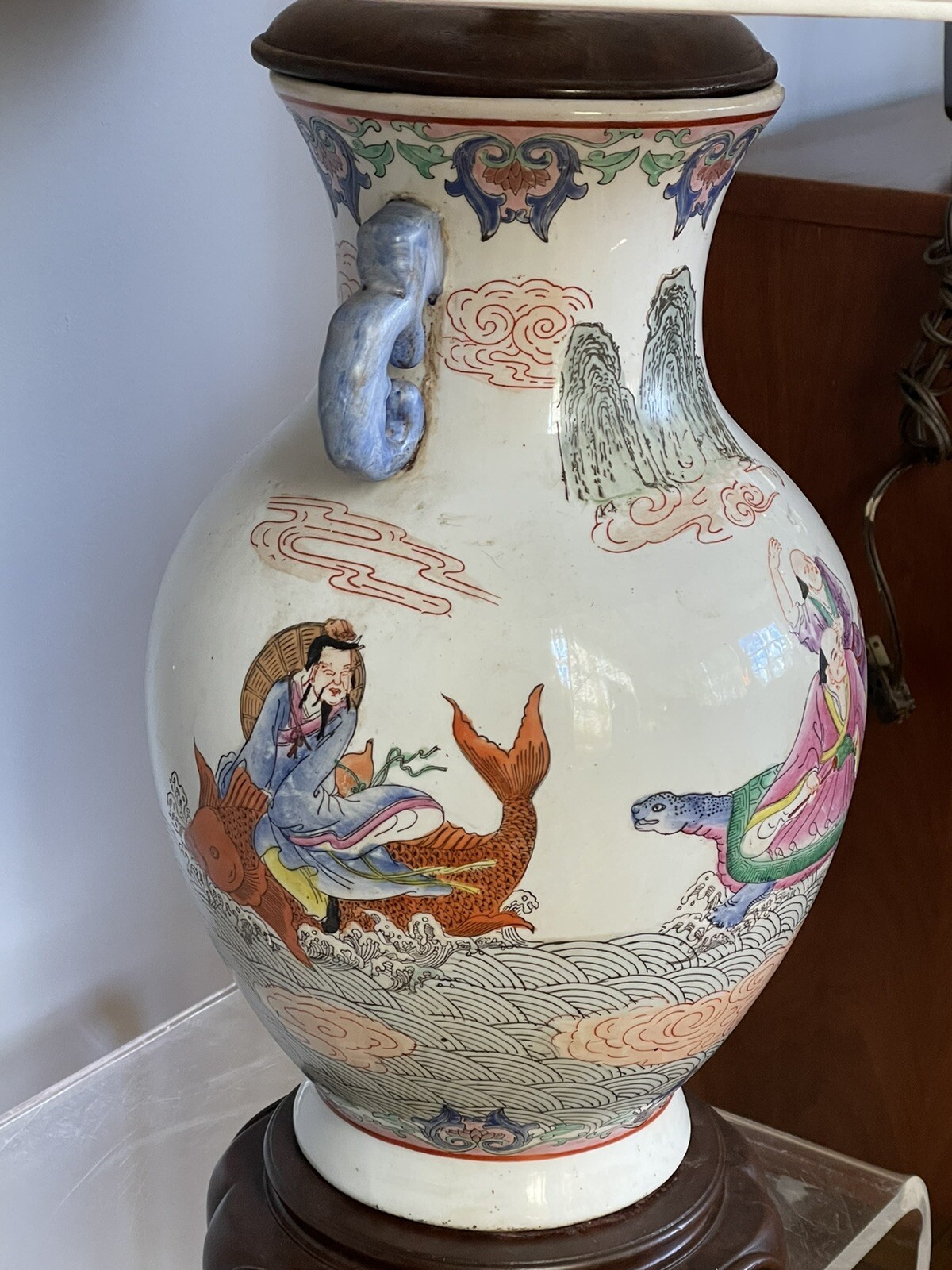 Large Vintage Chinese Porcelain Famille Rose Style Lamp Immortals Hand Painted