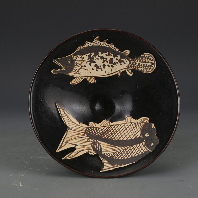 6.2″ China Jizhou Kiln Porcelain Black Glaze Brown Color Fish Grain Teacup
