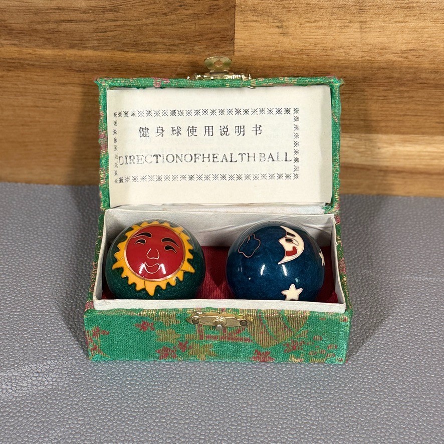 Vintage Cloisonne Health Ball Set Sun Moon Stars in Silk Box Chinese Baoding
