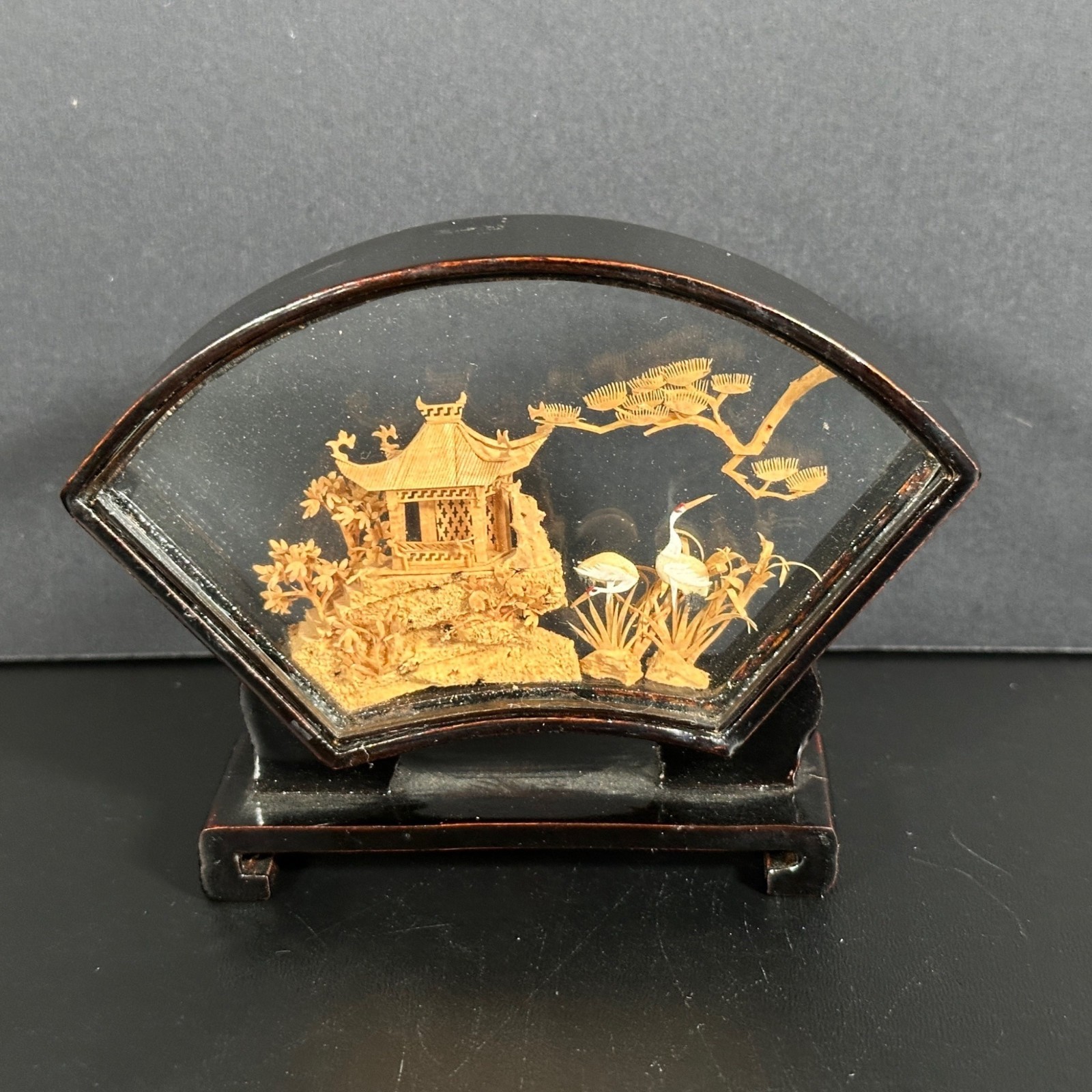 VTG Chinese Hand Carved 3D CORK ART DIORAMA San You Landscape Fan Shaped Frame