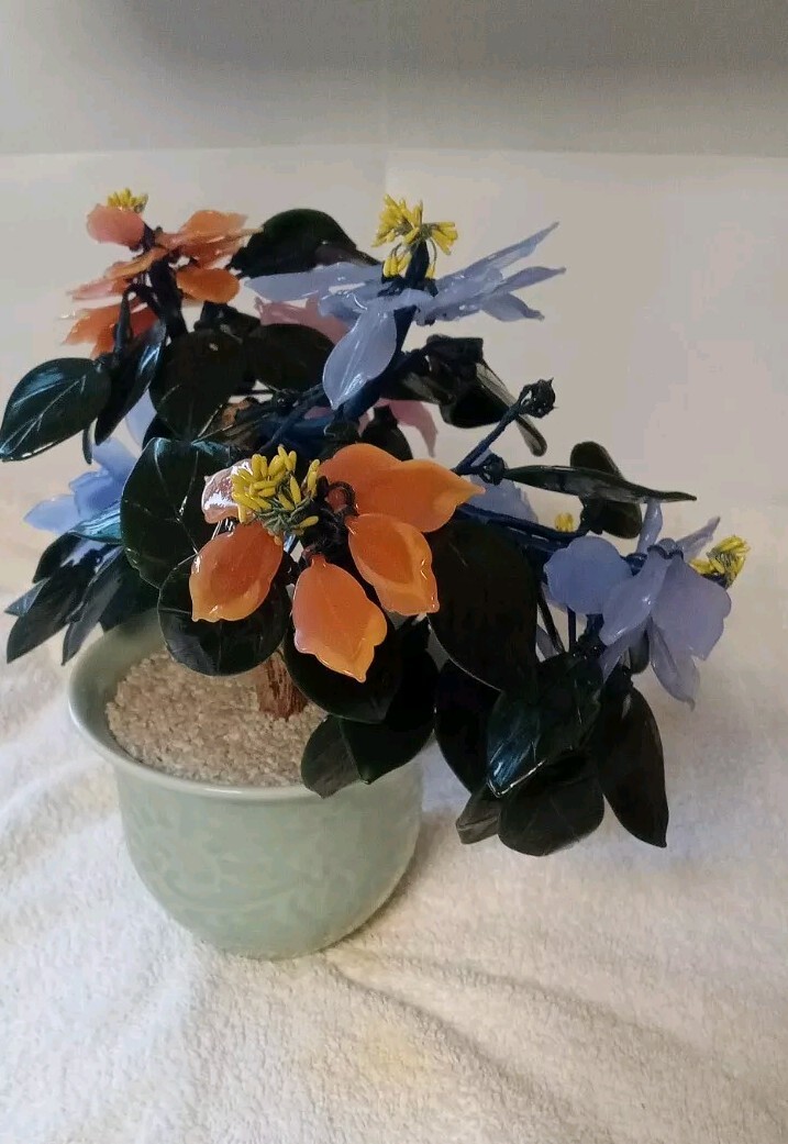 Vintage Jade Glass Flower Arrangement In Vase