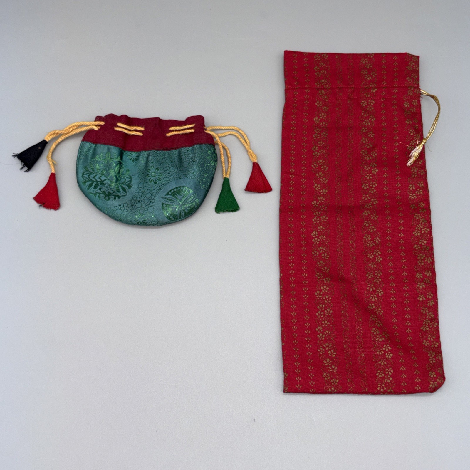 Vintage Chinese Silk Brocade Drawstring Jewelry Pouch & Wine Bottle Gift Bag Lot