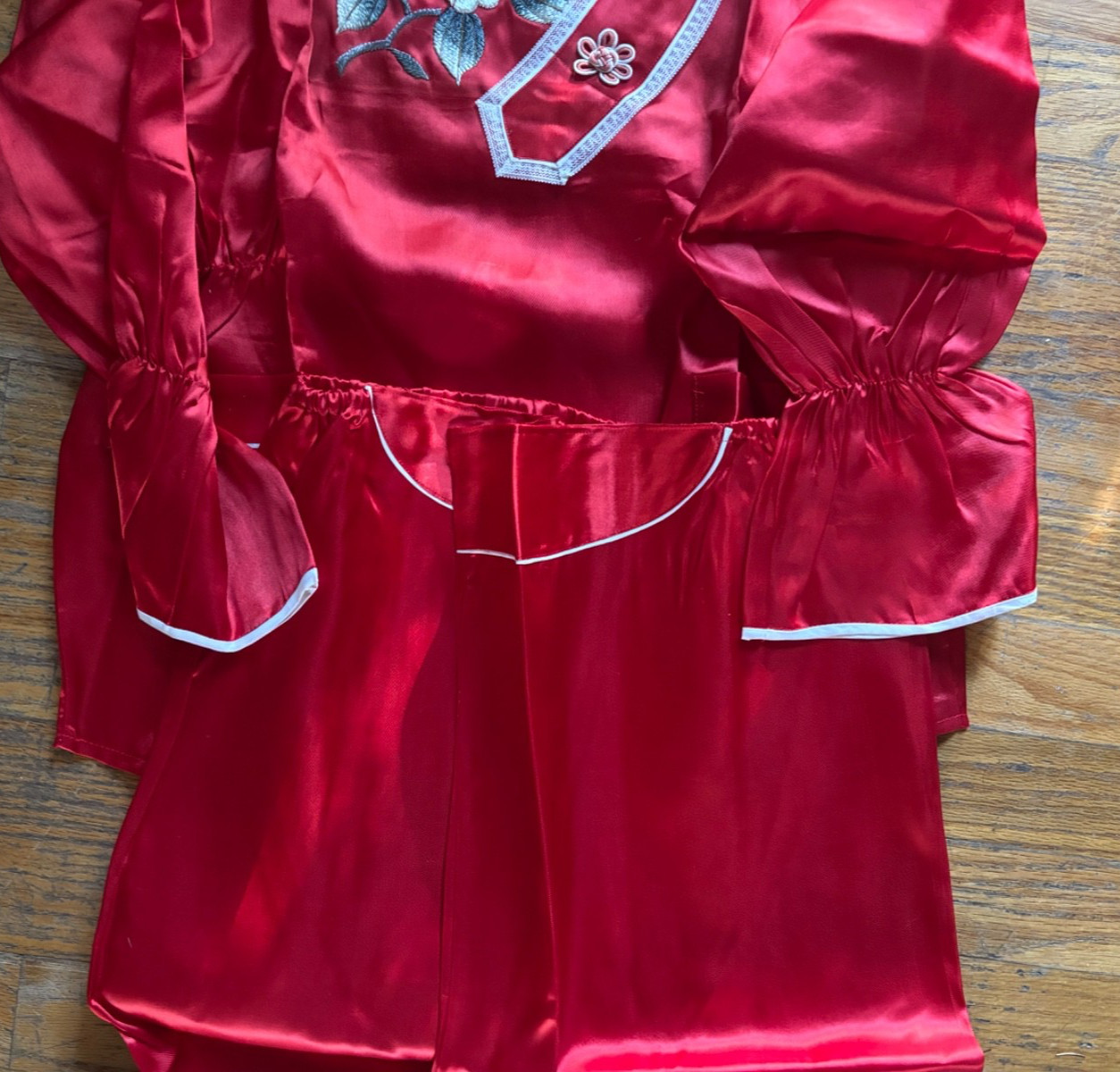 Vintage Chinese Red Silk Pajama Robe Set w/ Slippers & Box 1950s