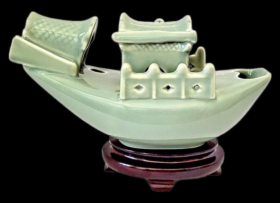 Yi Lin Arts and Treasures Celadon Boat and Wooden Stand with Silk Brocade Box
