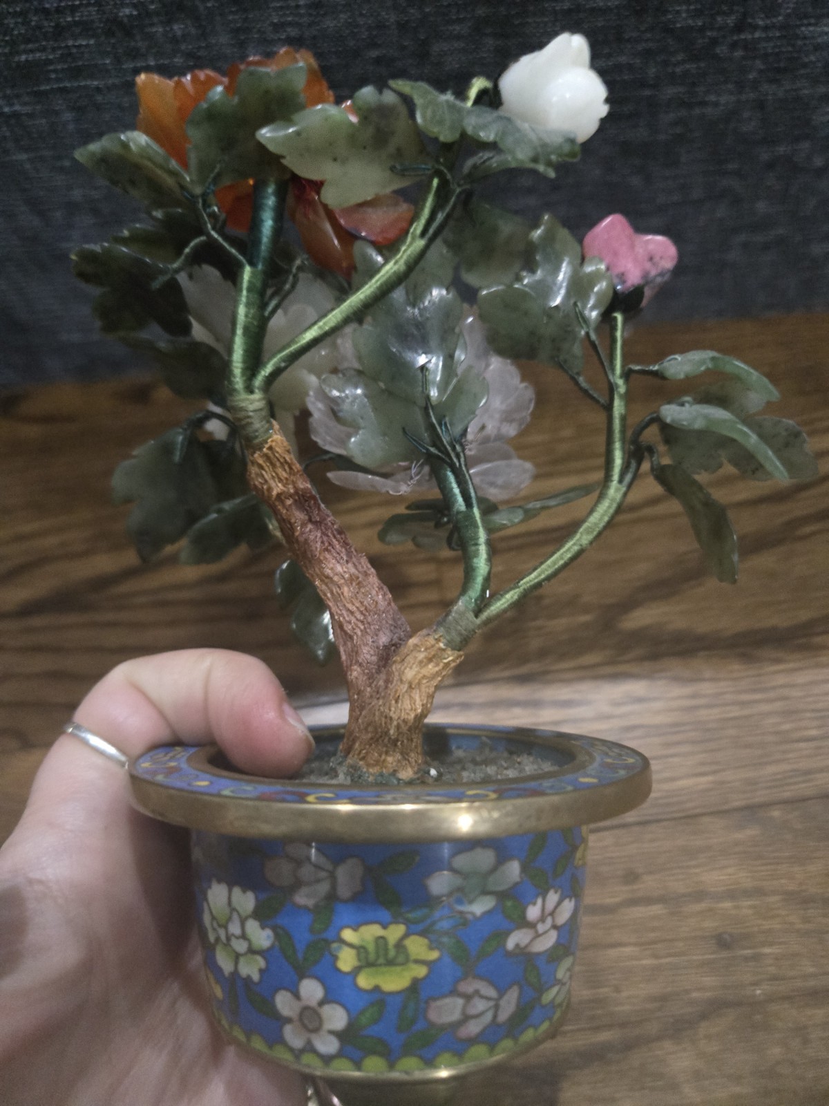 Antique Jade Amber Quartz Flowering Tree in Bronze Cloisonne Planter