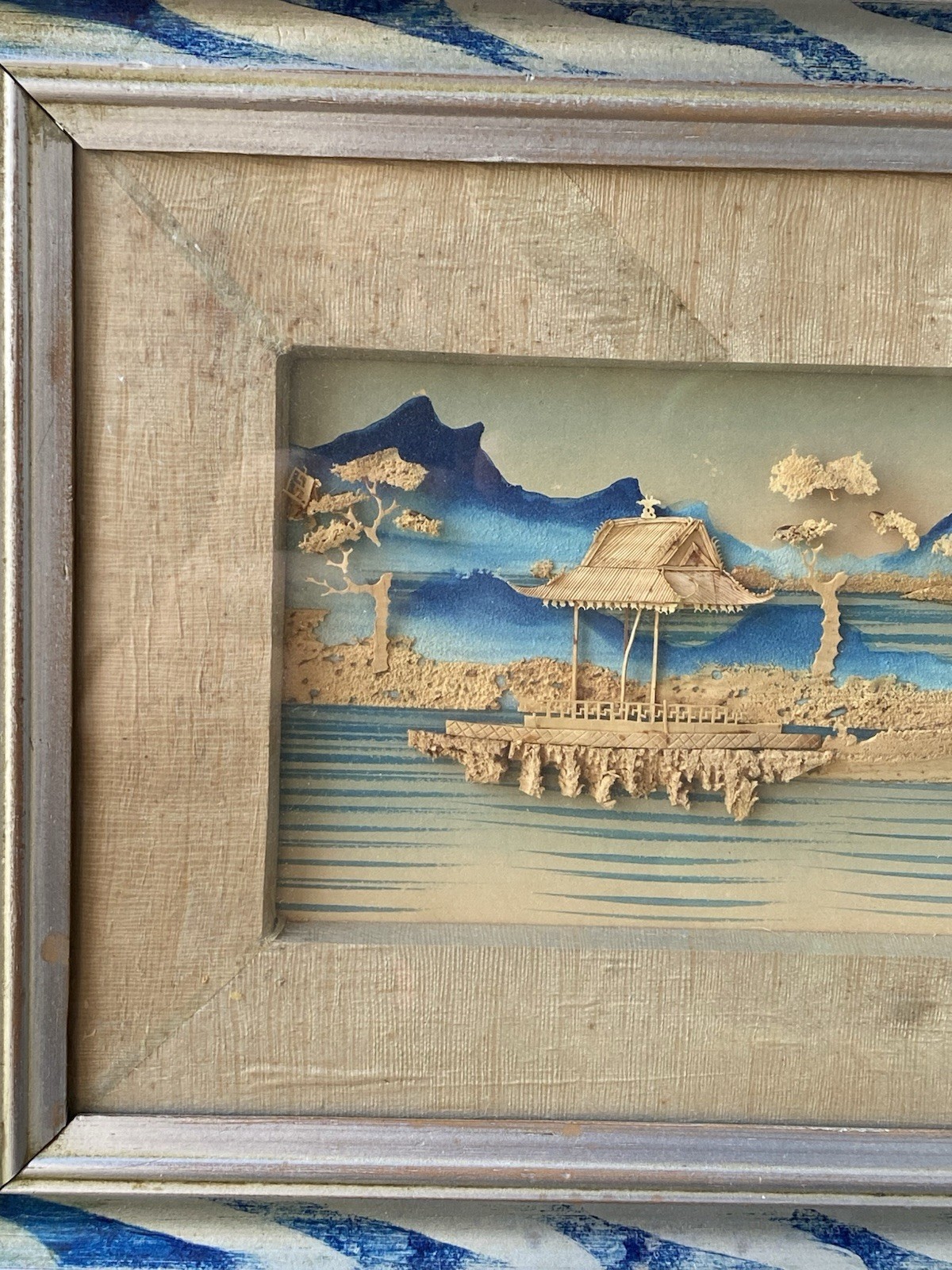 Vintage Chinese Cork Carving Zhenjiang Jinshan Temple Framed Diorama 23×11