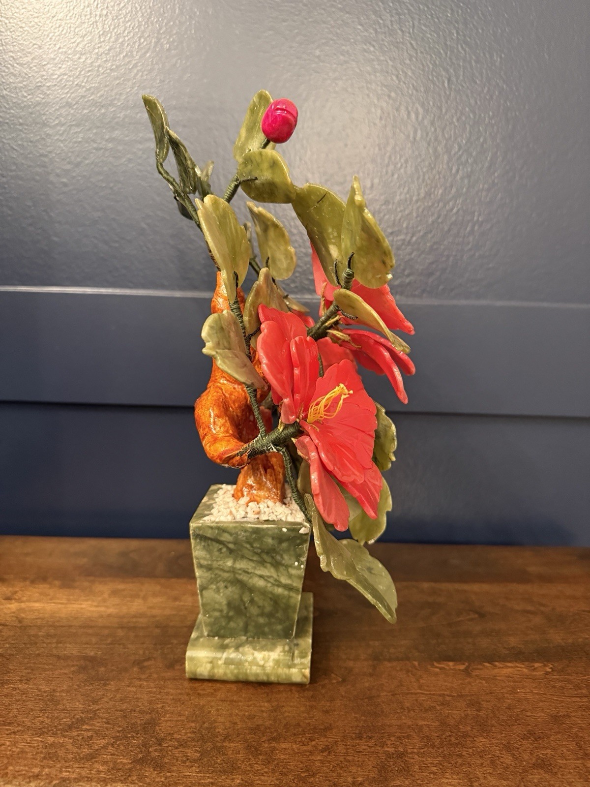 Vintage Jade Bonsai Tree Carved Red Hibiscus Flowers High Blossom 12.75” Tall