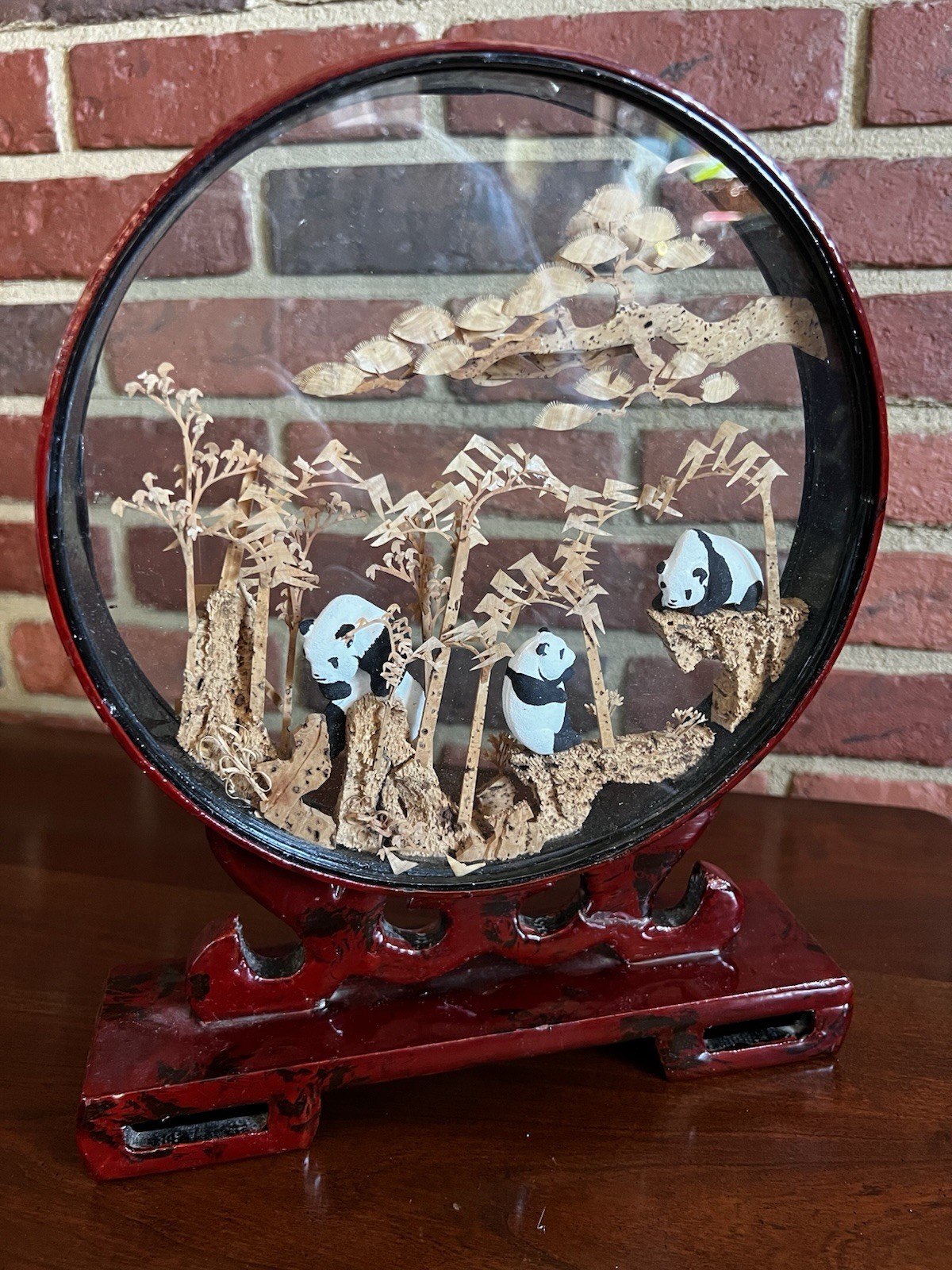 Vintage Carved Corkwood Diorama Pandas Chinese 12”x9.5” Frame Stand Panda Bears
