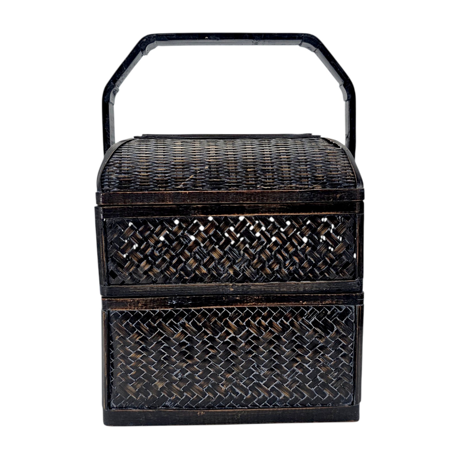 Vintage Chinese Wedding Basket Black Lacquer Woven Bamboo Export 13″ PRC