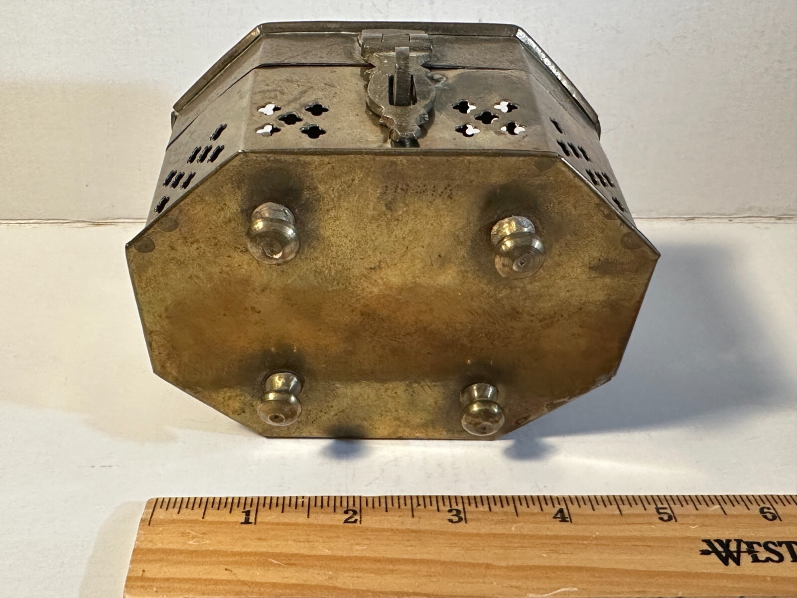 Vintage Brass pierced Cricket Cage. Trinket Box 4.5″ L x 3.25″ W x 3.5″ T