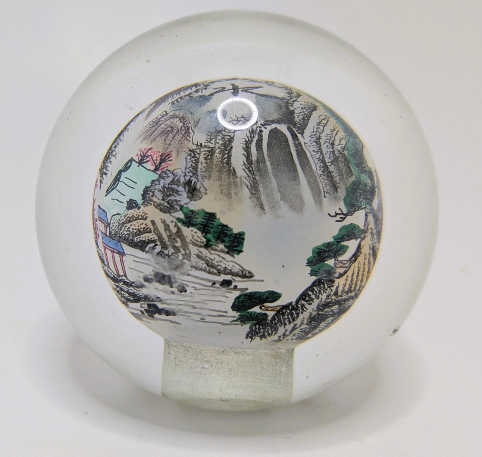 Vintage Japan Reverse Painted Glass Ball Sphere Paperweight Mountain Scene 2.5in