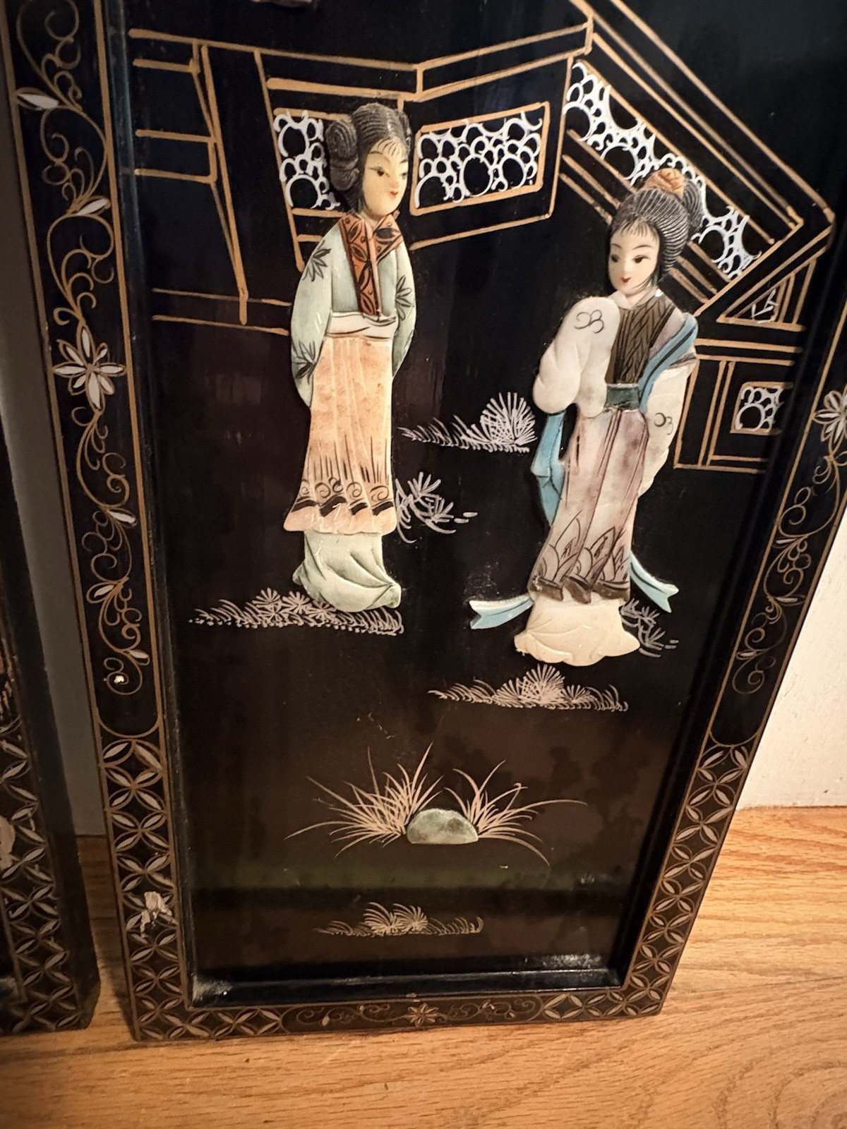 Pair Vintage Chinese Black Lacquer Applied Hardstone Court Figures, MOP Inlay