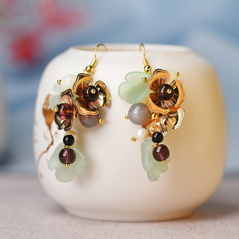 Chinese Coloured Glaze/Agate/Pearl Gild Tibetan Style Vogue Earbob Earrings