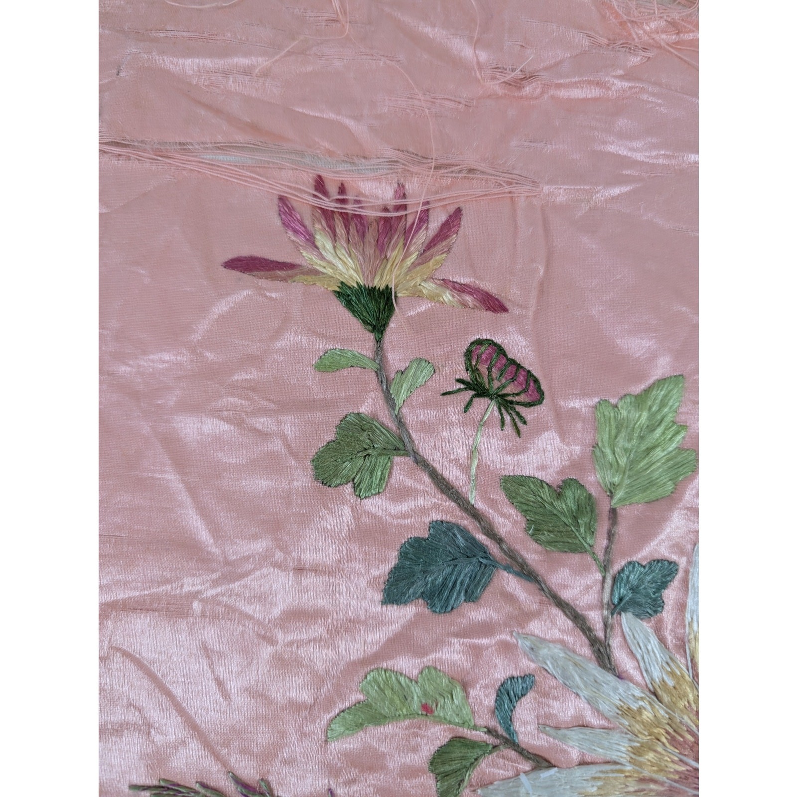 Vintage Chinese Hand Embroidered Floral & Butterfly Silk Textile 23x18in