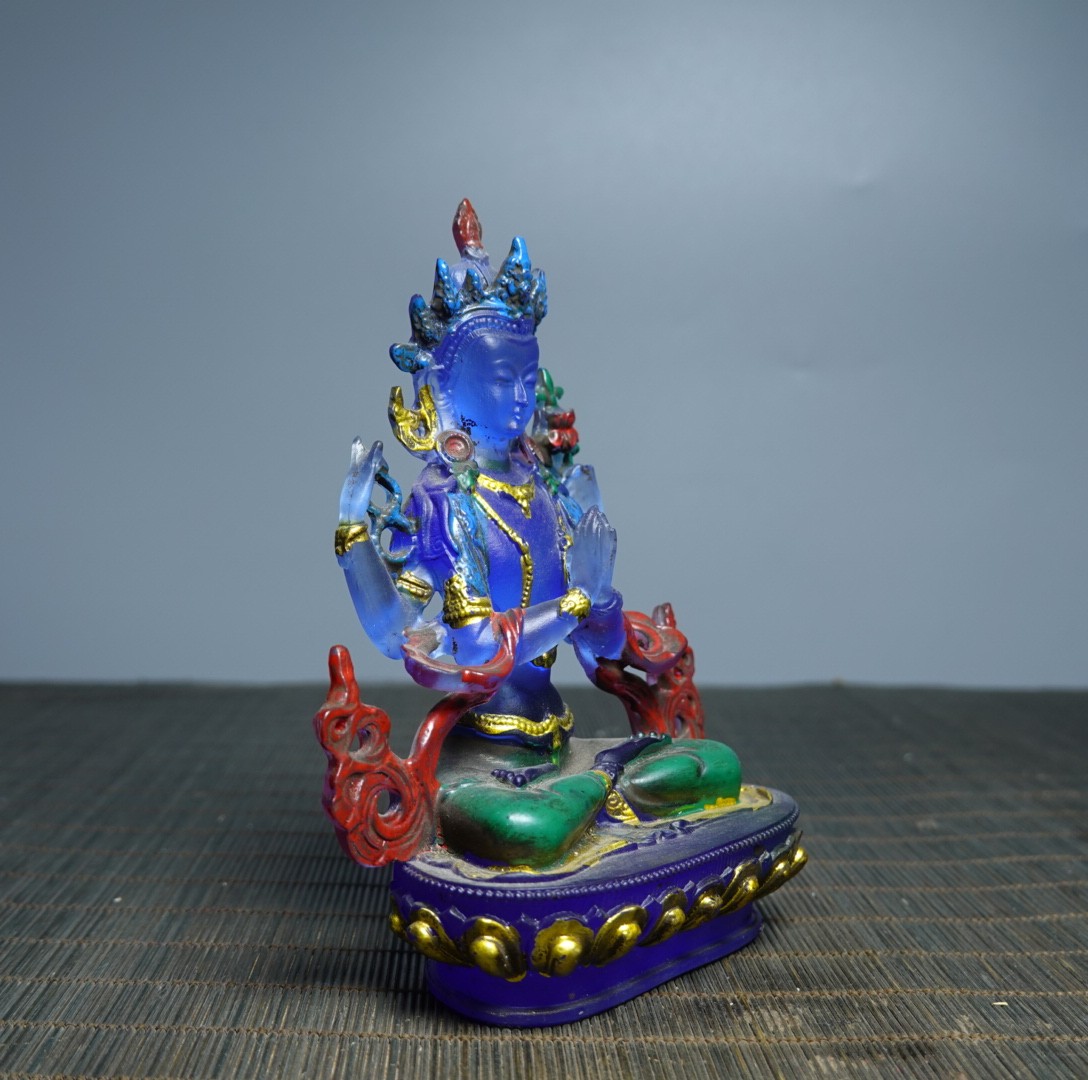 5.1″ Collect China Coloured Glaze Painted Four Arms Guanyin Kwan-yin Statue