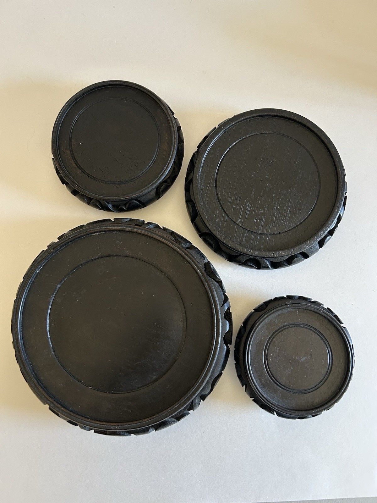 Set (4) Vtg Chinese Hand Carved Wooden Round Display Stands 3″, 4″, 4.5″, 5.75″