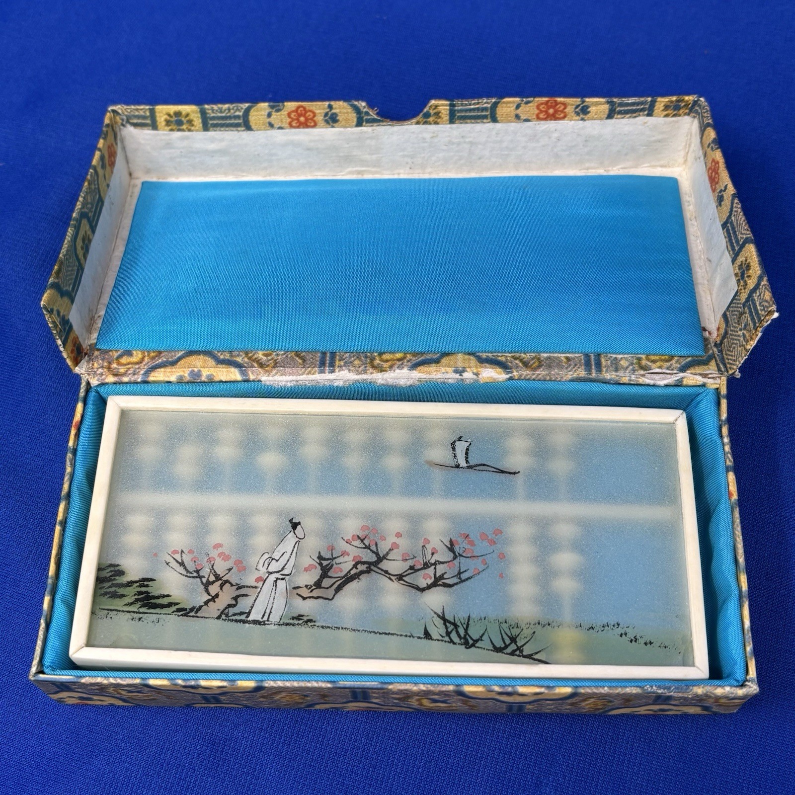Small Vintage Chinese Suanpan Abacus Painted Glass Fabric Box PRC